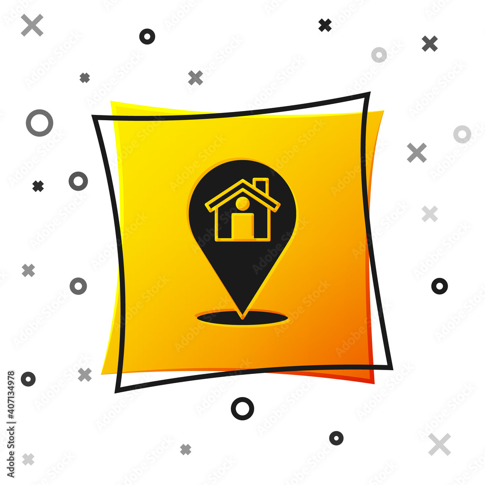 Black Map pointer with house icon isolated on white background. Home location marker symbol. Yellow square button. Vector. Black Map pointer with house icon isolated on white background. Home location marker symbol. Yellow square button. Vector.