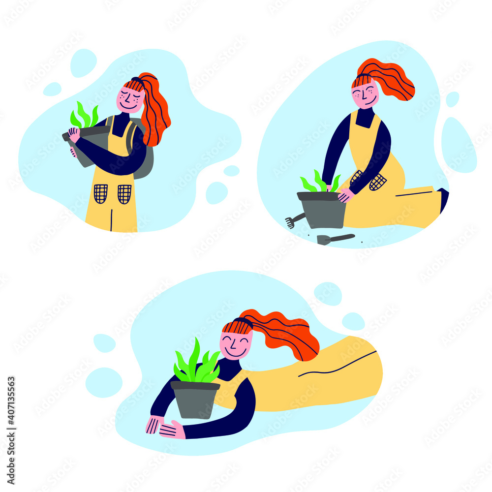 vector set with frames - a girl buys a plant, carries it home and plants it in a pot herself. The girl is equipping a home greenhouse. A healthy and useful hobby.