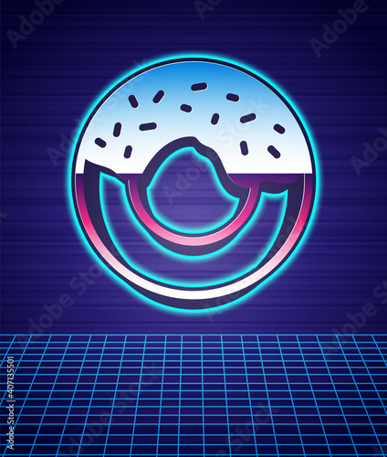 Retro style Donut with sweet glaze icon isolated futuristic landscape background. 80s fashion party. Vector.