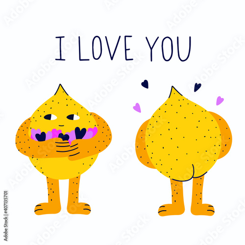 vector postcard - funny strange lemon holding hearts in his hands. Cute lime back view. Romantic elements for valentine's day. Flat hippie indie kid style.Character fruit with eyes