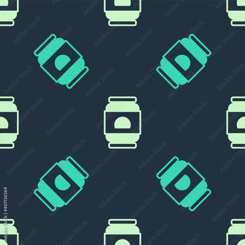 Green and beige Beer can icon isolated seamless pattern on blue background. Vector. Green and beige Beer can icon isolated seamless pattern on blue background. Vector.