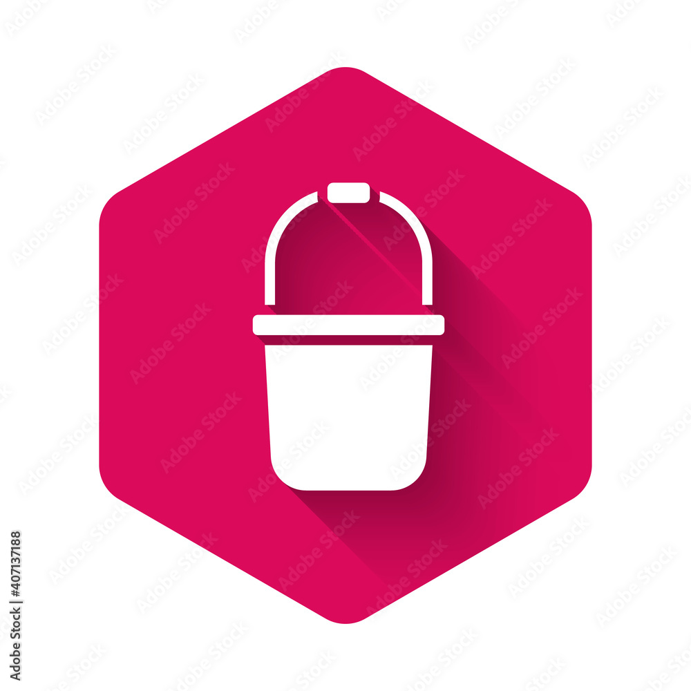 White Sauna bucket icon isolated with long shadow background. Pink hexagon button. Vector. White Sauna bucket icon isolated with long shadow background. Pink hexagon button. Vector.