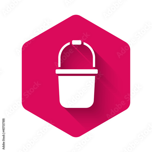 White Sauna bucket icon isolated with long shadow background. Pink hexagon button. Vector.