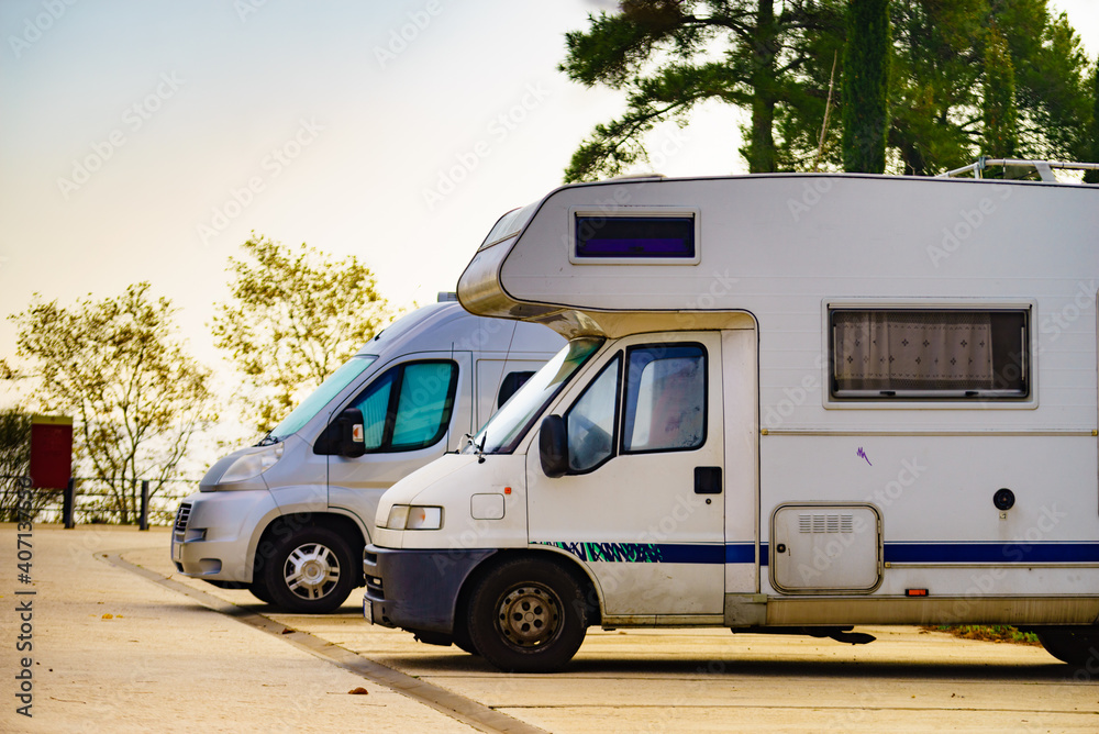 Camper cars on roadside parking area Camper cars on roadside parking area