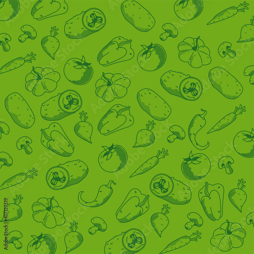 healthy and vegetarian food pattern in green background