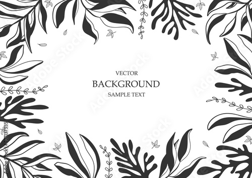 Floral vector template with leaves, plants for greeting card. Abstract natural elements. Vector plant print for holiday poster, background, cover, banner, invitation. Minimalistic, trendy design.