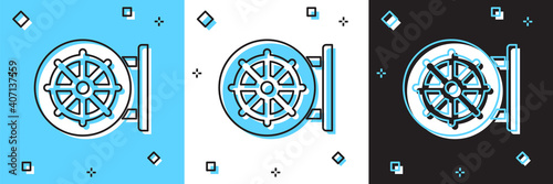 Set Dharma wheel icon isolated on blue and white, black background. Buddhism religion sign. Dharmachakra symbol. Vector.