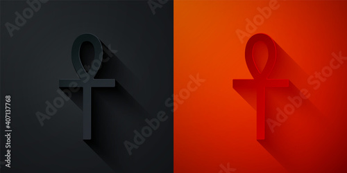 Paper cut Cross ankh icon isolated on black and red background. Paper art style. Vector.