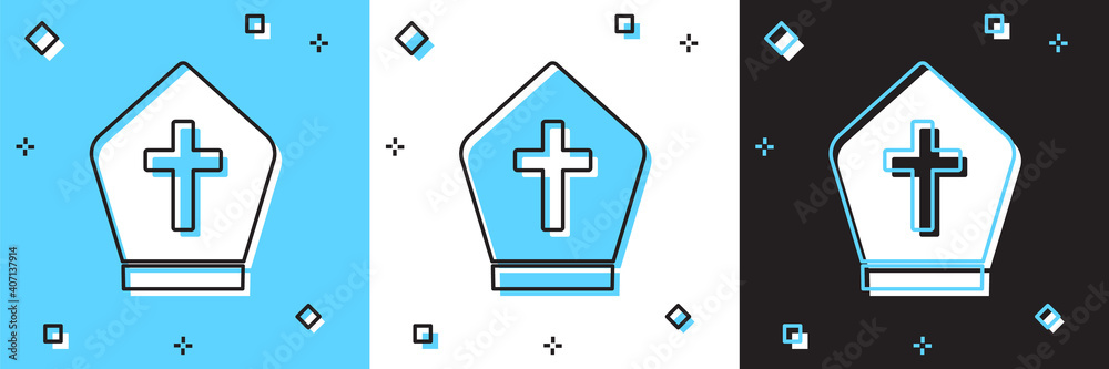 Set Pope hat icon isolated on blue and white, black background. Christian hat sign. Vector.