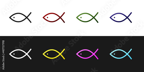 Set Christian fish symbol icon isolated on black and white background. Jesus fish symbol. Vector.
