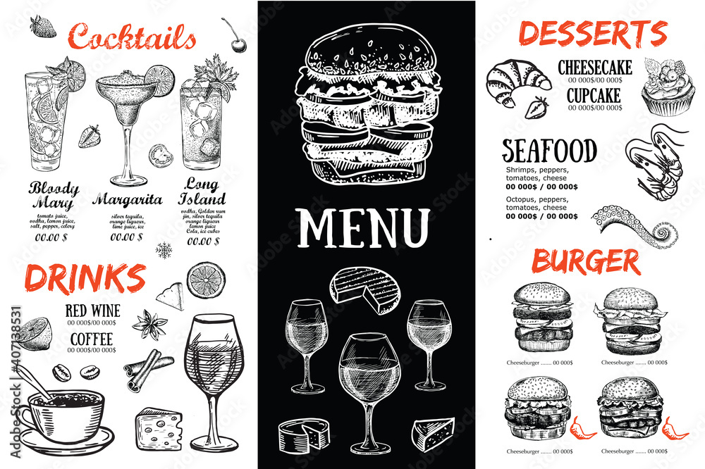 Menu template for restaurant. Vector illustration.