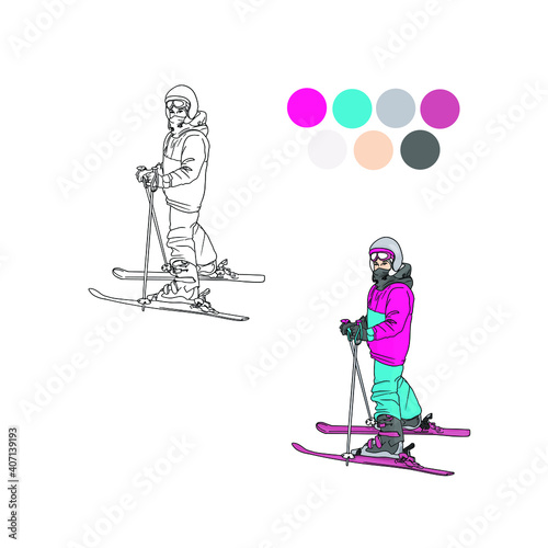 Vector illustration of a skier for coloring, a selection of colors for coloring an athlete. Winter sports illustration for printing print, logo, icon, children's books, coloring books