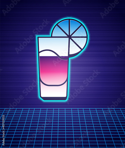 Retro style Tequila glass with lemon icon isolated futuristic landscape background. Mexican alcohol drink. 80s fashion party. Vector.