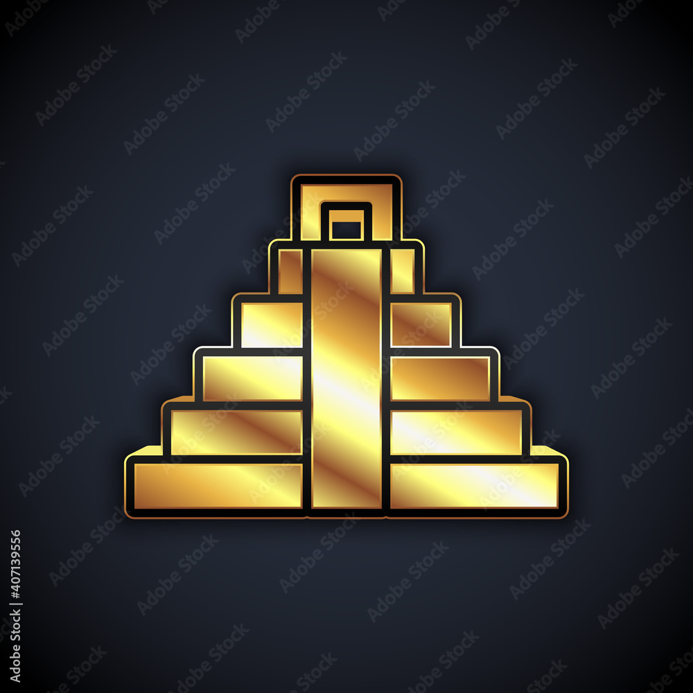 Gold Chichen Itza in Mayan icon isolated on black background. Ancient Mayan pyramid. Famous monument of Mexico. Vector.