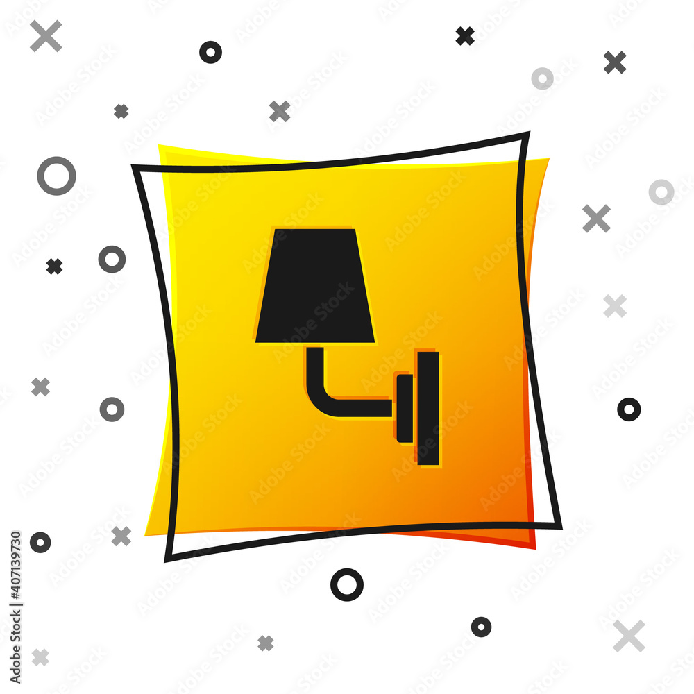 Black Wall lamp or sconce icon isolated on white background. Wall lamp light. Yellow square button. Vector. Black Wall lamp or sconce icon isolated on white background. Wall lamp light. Yellow square button. Vector.