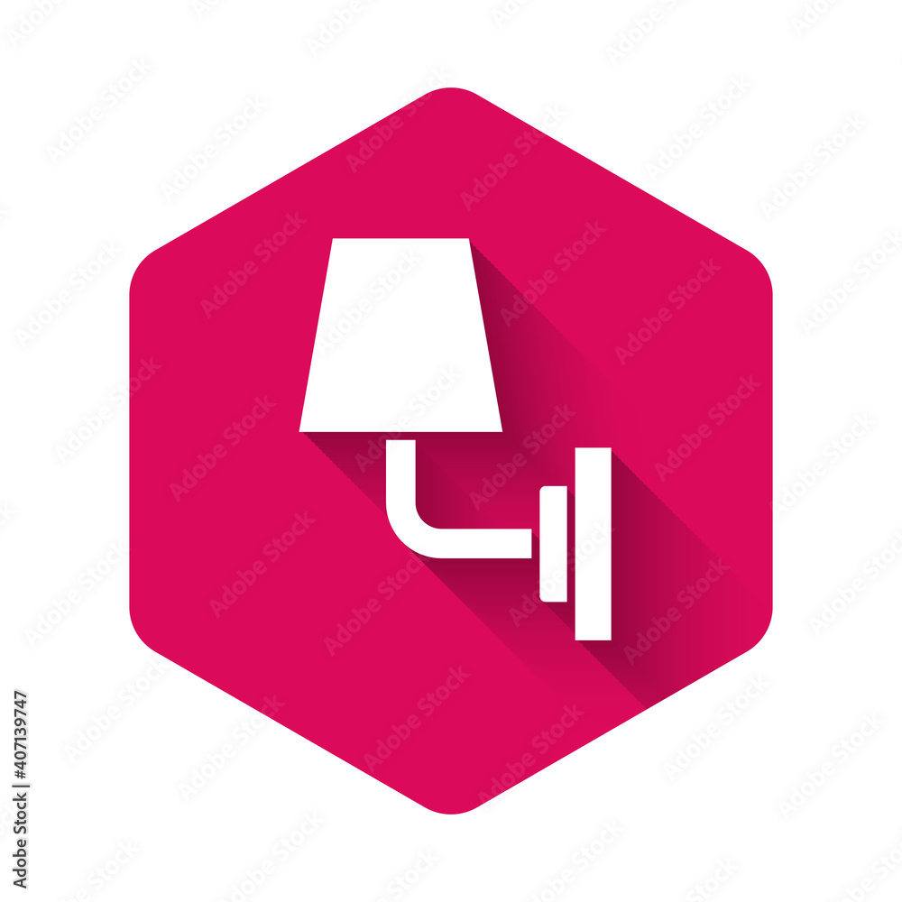 White Wall lamp or sconce icon isolated with long shadow background. Wall lamp light. Pink hexagon button. Vector. White Wall lamp or sconce icon isolated with long shadow background. Wall lamp light. Pink hexagon button. Vector.
