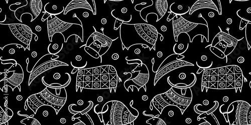 Funny bulls collection. Lunar horoscope sign. Happy new year 2021. Bull, ox, cow. Seamless pattern for your design