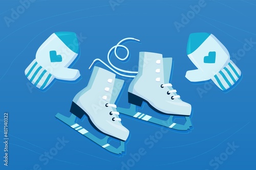 Winter blue background vector. Illustration with retro figure ice skates and mittens