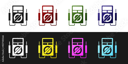 Set Ampere meter, multimeter, voltmeter icon isolated on black and white background. Instruments for measurement of electric current. Vector.