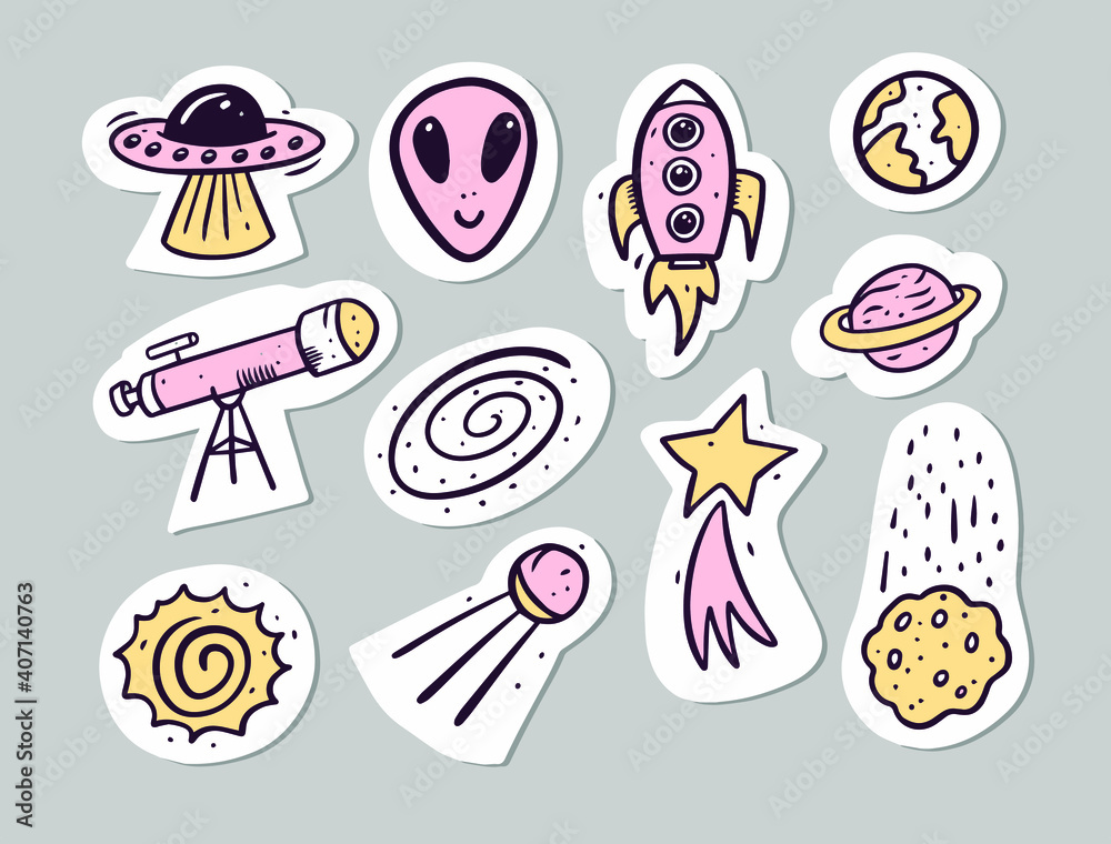 Space and cosmic doodle stickers set. Hand drawn cartoon stickers. Vector illustration. Isolated on grey background. Space and cosmic doodle stickers set. Hand drawn cartoon stickers. Vector illustration. Isolated on grey background.