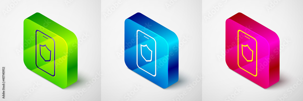 Isometric Smartphone, mobile phone with security shield icon isolated on grey background. Security, safety, protection concept. Square button. Vector. Isometric Smartphone, mobile phone with security shield icon isolated on grey background. Security, safety, protection concept. Square button. Vector.