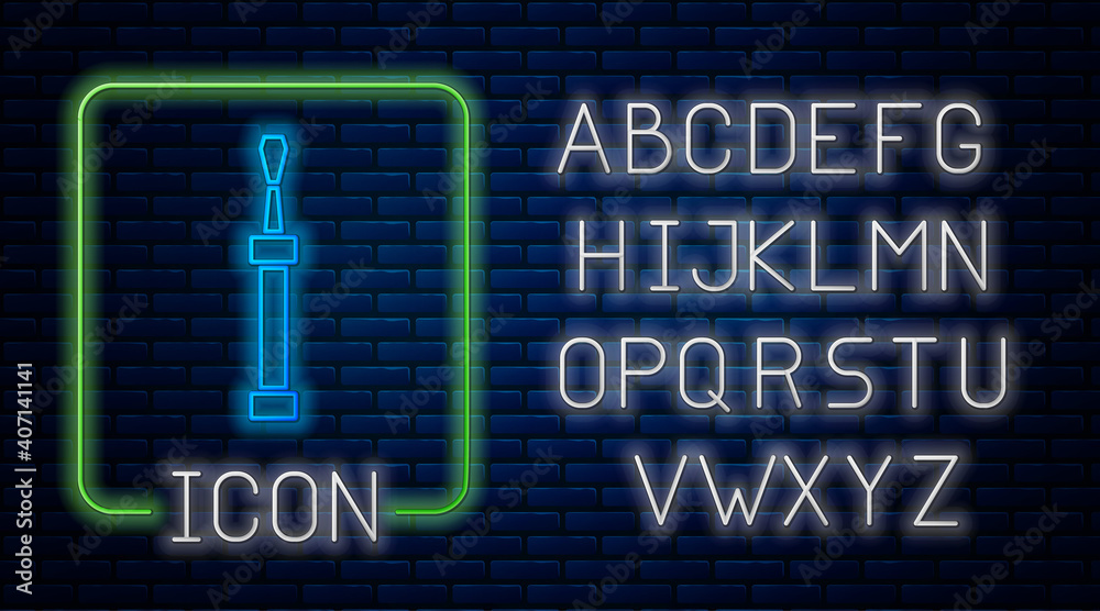 Glowing neon Screwdriver icon isolated on brick wall background. Service tool symbol. Neon light alphabet. Vector.