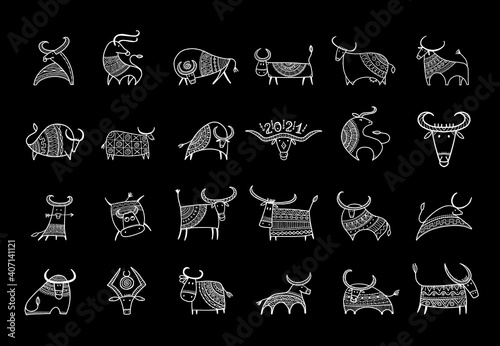 Funny sketch bull collection. Lunar horoscope sign. Happy new year 2021. Bull...