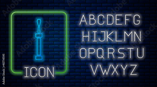 Glowing neon Screwdriver icon isolated on brick wall background. Service tool symbol. Neon light alphabet. Vector.