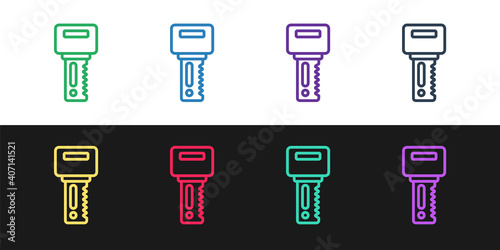 Set line Car key with remote icon isolated on black and white background. Car key and alarm system. Vector.