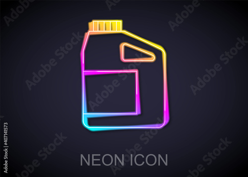 Glowing neon line Canister for motor machine oil icon isolated on black background. Oil gallon. Oil change service and repair. Engine oil sign. Vector.