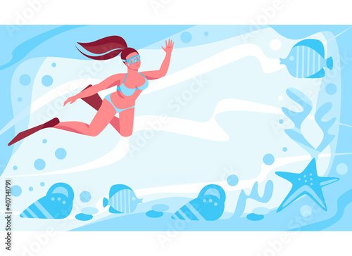 A girl in flippers and a mask swims in the depths of the ocean. Starfish, shellfish, fish. Vector template. Illustration in flat cartoon style.