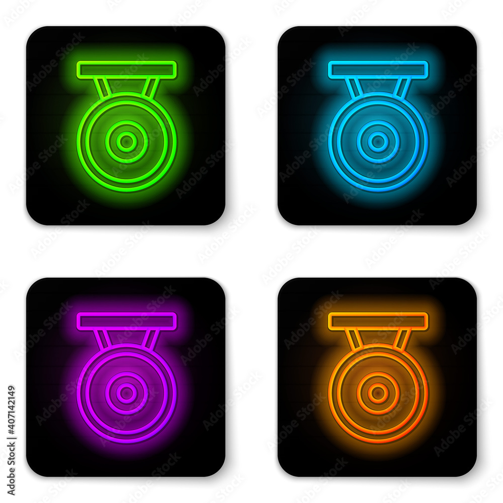 Glowing neon line Gong musical percussion instrument circular metal disc icon isolated on white background. Black square button. Vector. Glowing neon line Gong musical percussion instrument circular metal disc icon isolated on white background. Black square button. Vector.