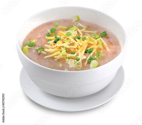 Brown rice congee in white bowl, clipping path