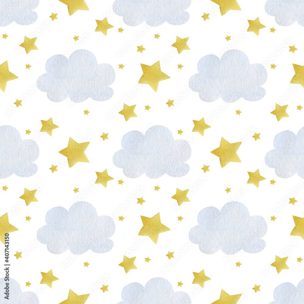 Watercolor seamless pattern of clouds, stars. Watercolor seamless pattern of clouds, stars.