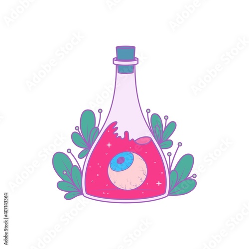 A magical bottle with plants around and a eye inside. Vector illustration