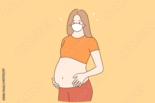 Pregnancy during CIVID-19 outbreak concept. Young pregnant woman mother cartoon character wearing medical protection face mask standing and embracing her tummy vector illustration