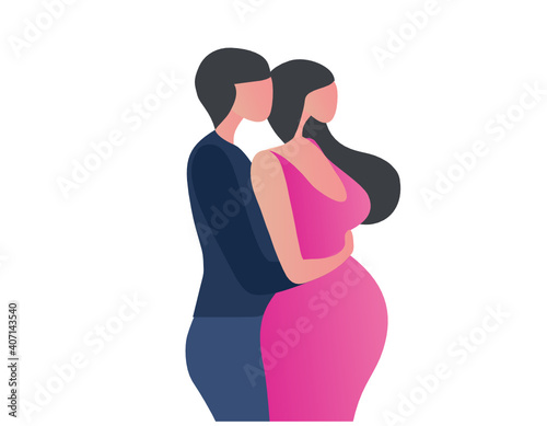 Loving husband hugging his pregnant wife vector illustration. Pregnant woman, parenthood and maternity concept
