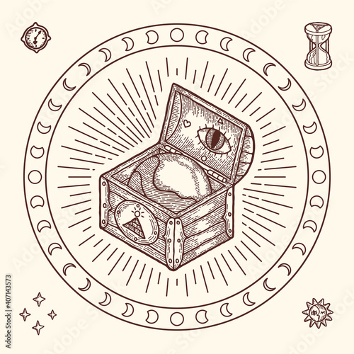 Isolated Print for Shopping Bag. Vector illustration of Magic Boho and Tarot Style. Wooden Chest with Globe and Masonic Symbol with Astrology Elements. Sun and Moon Phase, Clock Face, Hourglass, Star