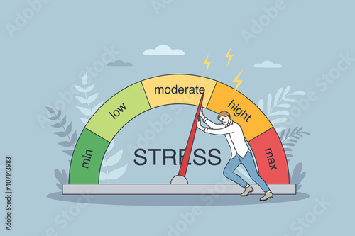 Emotional overload and burnout concept. Young businessman cartoon character trying to push stress level to reducing figures and feeling tired and exhausted with work vector illustration