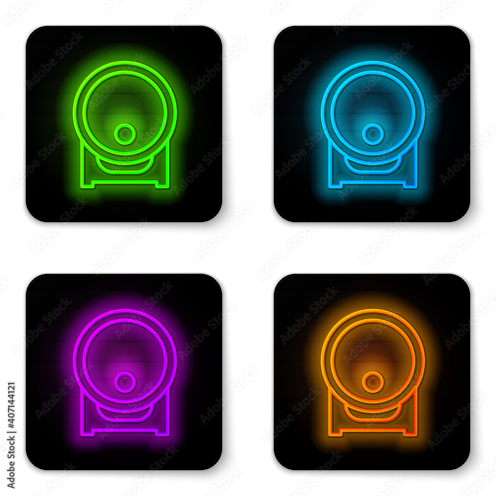 Glowing neon line Wooden barrel on rack with stopcock icon isolated on white background. Black square button. Vector. Glowing neon line Wooden barrel on rack with stopcock icon isolated on white background. Black square button. Vector.