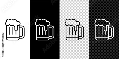 Set line Wooden beer mug icon isolated on black and white,transparent background. Vector.
