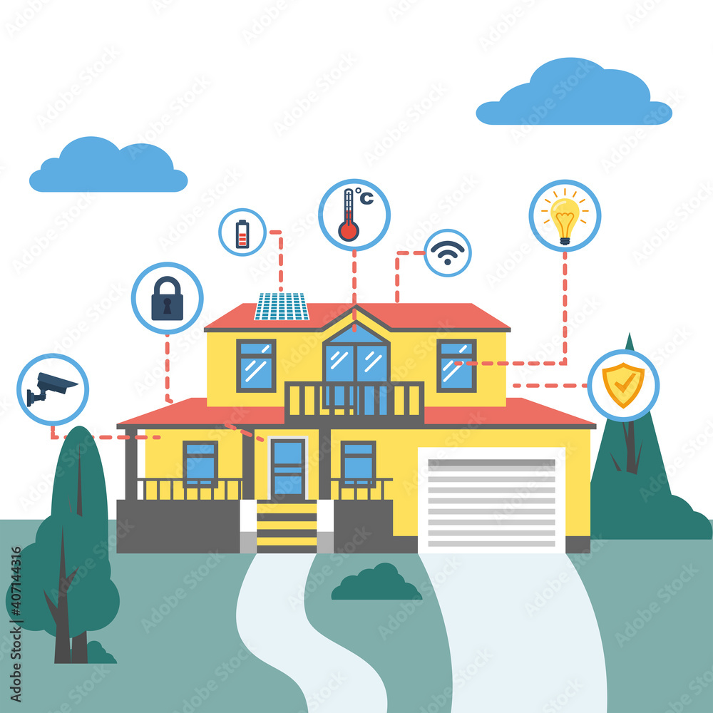 Smart House. Country house with controls in the distance. Modern housing. Vector illustration flat design. Isolated on white background. Smart House. Country house with controls in the distance. Modern housing. Vector illustration flat design. Isolated on white background.