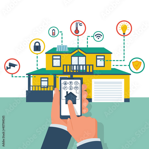 Smart House. Country house with controls in the distance. Man controls the phone smart home. Smartphone in hand. Modern housing. Vector illustration flat design. Isolated on white background.