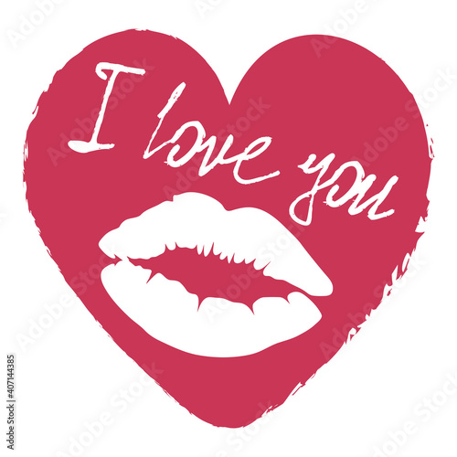Valentine's day. A heart with the words "I love you" and a lip print. A declaration of love. Vector illustration isolated on a white background for design and web.
