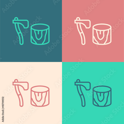 Pop art line Wooden axe in stump icon isolated on color background. Lumberjack axe. Axe stuck in wood. Chopping wood. Vector.
