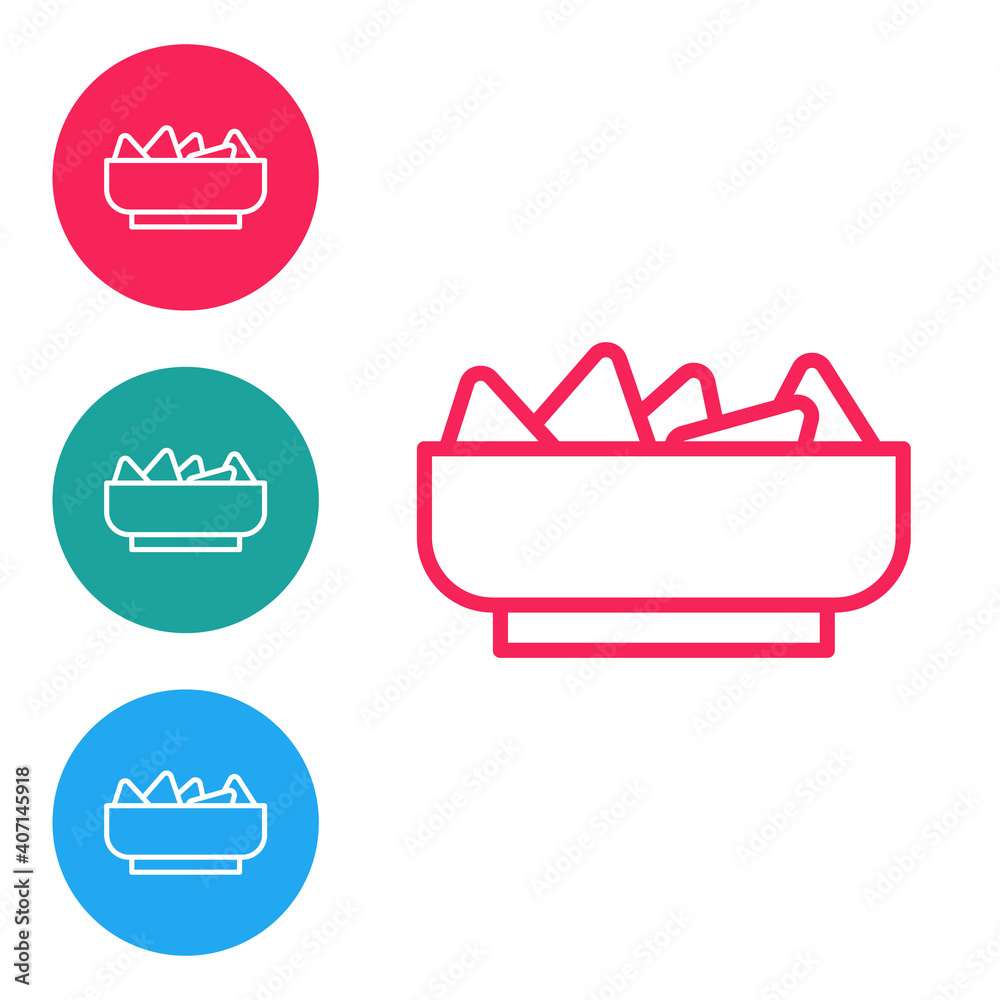Red line Nachos in bowl icon isolated on white background. Tortilla chips or nachos tortillas. Traditional mexican fast food menu. Set icons in circle buttons. Vector. Red line Nachos in bowl icon isolated on white background. Tortilla chips or nachos tortillas. Traditional mexican fast food menu. Set icons in circle buttons. Vector.