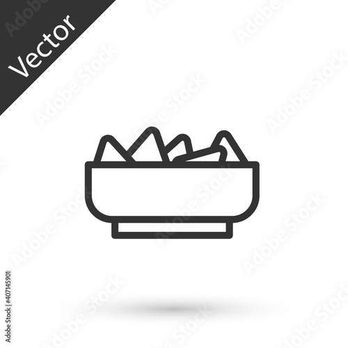 Grey line Nachos in bowl icon isolated on white background. Tortilla chips or nachos tortillas. Traditional mexican fast food menu. Vector.