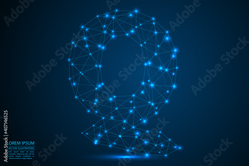 English letters abstract font consists 3d of triangles, lines, dots and connections. On a dark blue background cosmic universe stars, meteorites, galaxies. Vector illustration EPS 10.