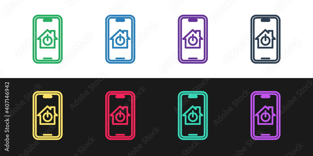 Set line Mobile phone with smart home icon isolated on black and white background. Remote control. Vector. Set line Mobile phone with smart home icon isolated on black and white background. Remote control. Vector.