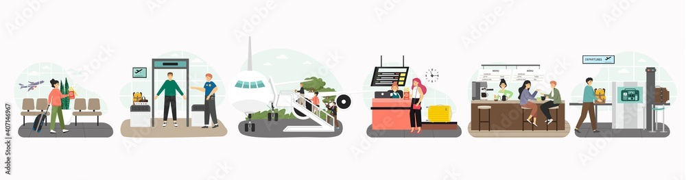 Vector set of scenes with tourists in airport. Travel people concept. Flight passengers at check-in, airport baggage security check area, boarding the plane, waiting for a flight in cafe